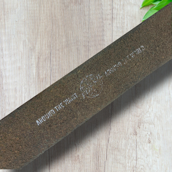 Vintage Fossil Sz 34 Brown Leather Belt 1977 Bergamot Brass Works Masonic Buckle - Picture 6 of 7